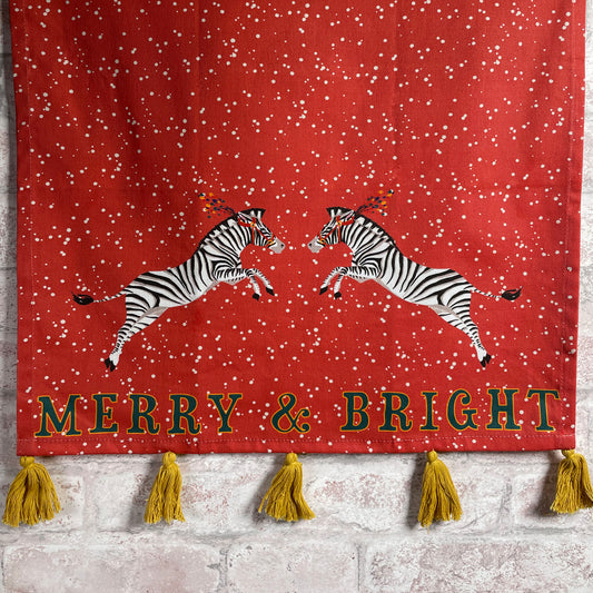 Merry & Bright Zebras Red Cotton Kitchen Towel with Tassels, Screen Printed by Hand