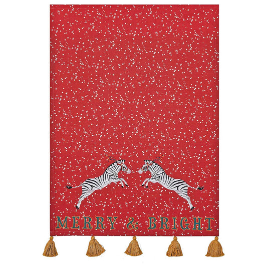 Merry & Bright Zebras Red Cotton Kitchen Towel with Tassels, Screen Printed by Hand