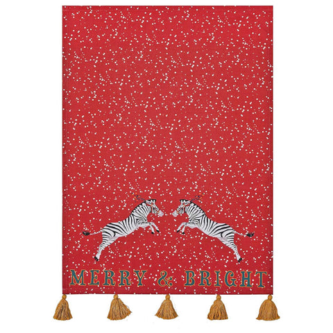Merry & Bright Zebras Red Cotton Kitchen Towel with Tassels, Screen Printed by Hand