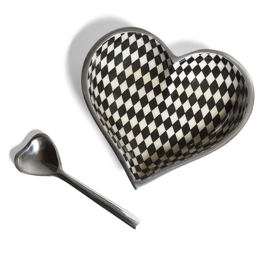 Heart-Shaped 5-1/4" Cast Metal Bowl with Spoon, Black and White Harlequin Pattern