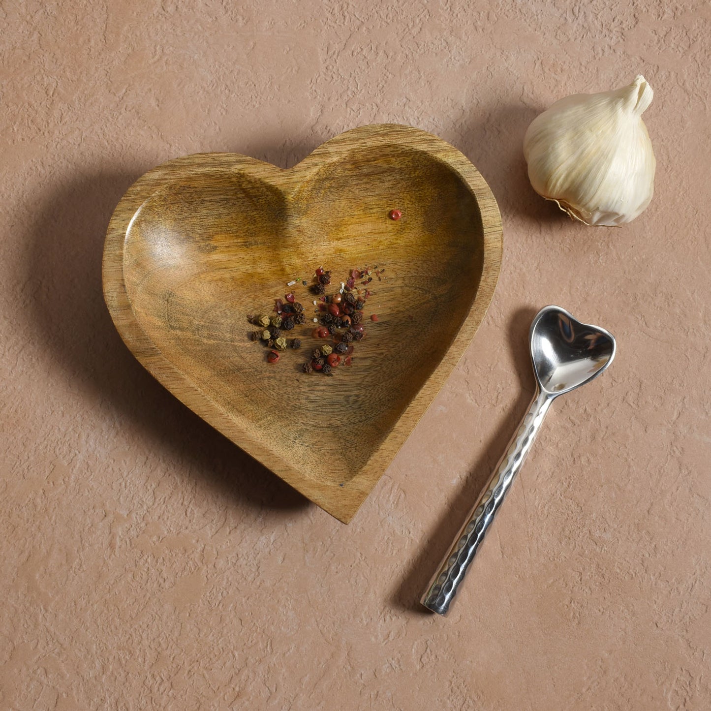 Heart-Shaped 6" Wooden Bowl with Matching Hammered Metal Spoon