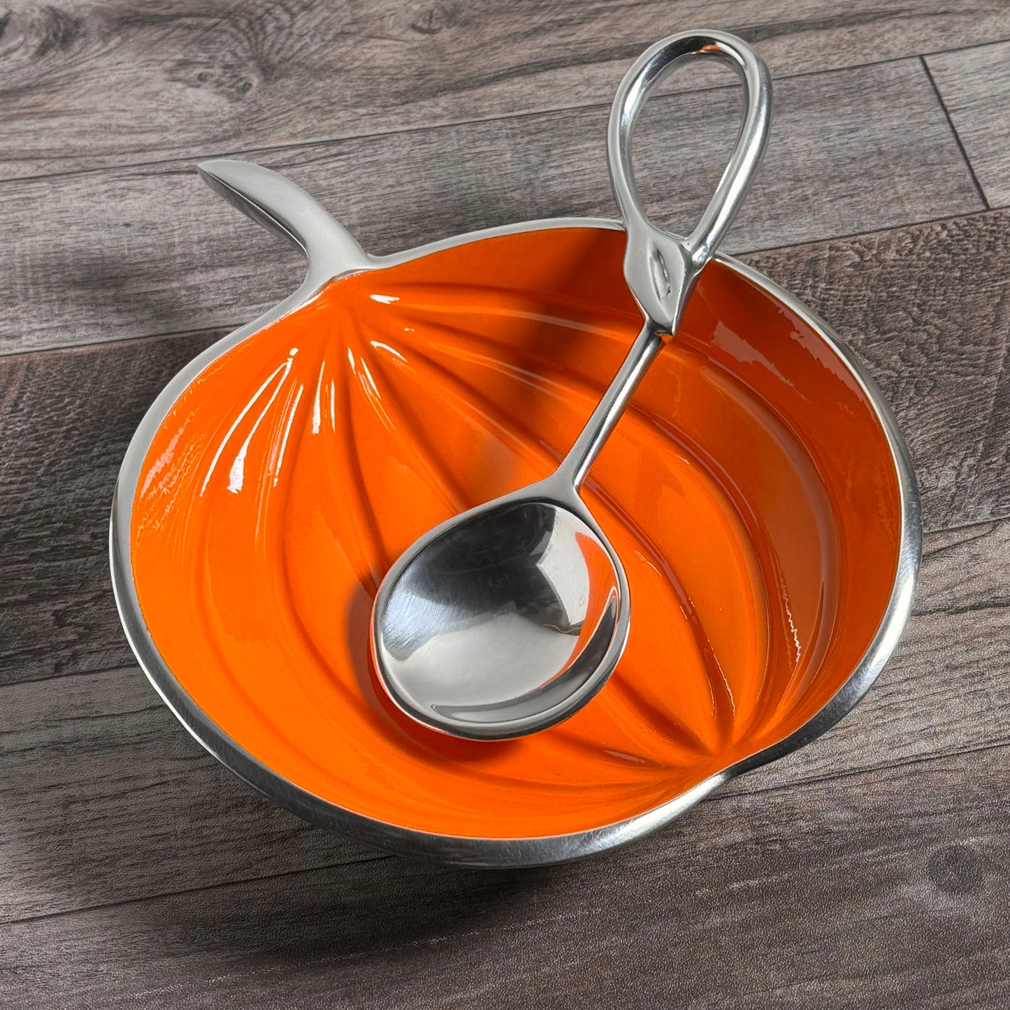 Pumpkin Shaped 7-1/2" Cast Metal Bowl with Spoon, Orange/Silver