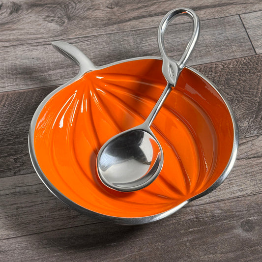 Pumpkin Shaped 7-1/2" Cast Metal Bowl with Spoon, Orange/Silver