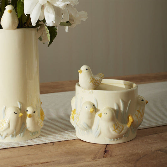 Sweet Tweets 4" Hand Painted Birds Ceramic Pot Cachepot, Yellow