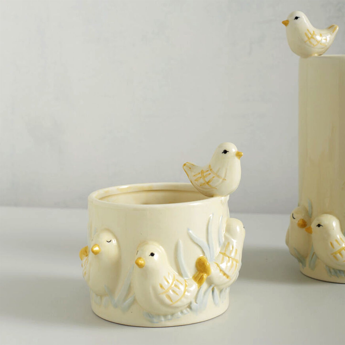 Sweet Tweets 4" Hand Painted Birds Ceramic Pot Cachepot, Yellow