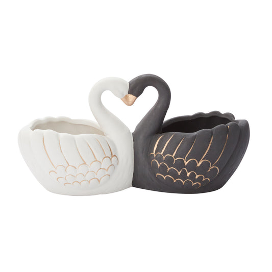 Love Birds Swans 10" Hand-Painted Ceramic Planter, Black & White with Gold Accents