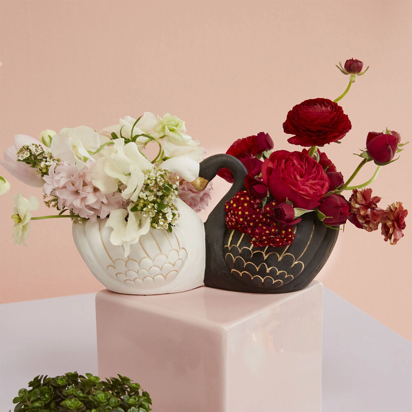 Love Birds Swans 10" Hand-Painted Ceramic Planter, Black & White with Gold Accents