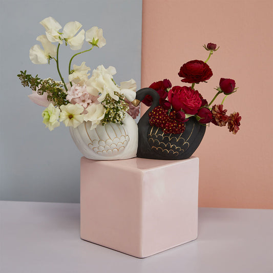 Love Birds Swans 10" Hand-Painted Ceramic Planter, Black & White with Gold Accents