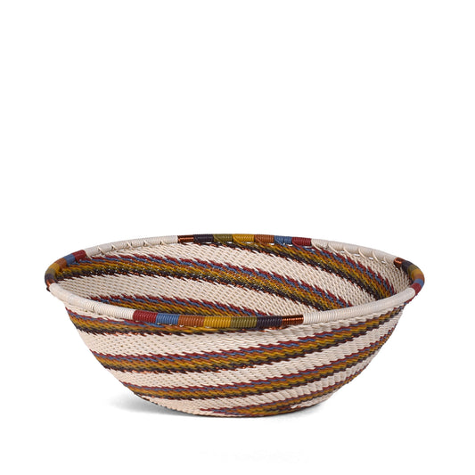 African Fair Trade Zulu Telephone Wire 6-1/2" Round Bowl, Zig-Zag Swirl Pattern, White Desert, Each One Varies