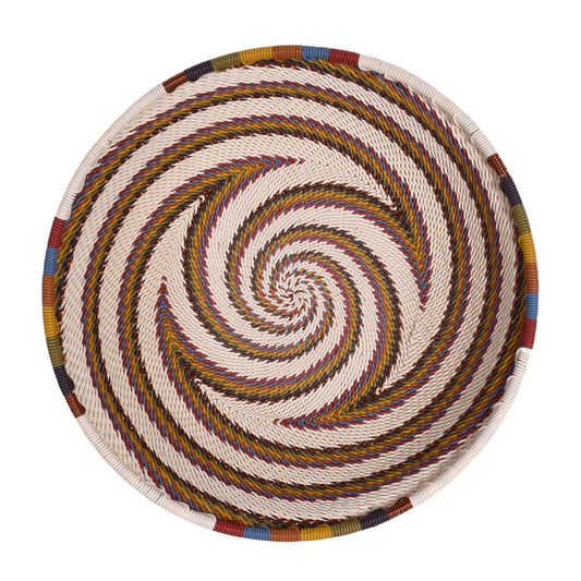 African Fair Trade Zulu Telephone Wire 6-1/2" Round Bowl, Zig-Zag Swirl Pattern, White Desert, Each One Varies