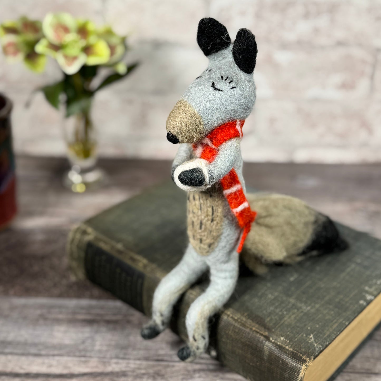 Gray Fox Shelf Sitter Felted Wool Figurine, Handmade in Nepal