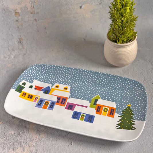 Holiday Village by Kate Nelligan 13-1/2" x 7-1/2" Melamine Appetizer Tray, Blue/Multi