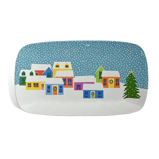 Holiday Village by Kate Nelligan 13-1/2" x 7-1/2" Melamine Appetizer Tray, Blue/Multi