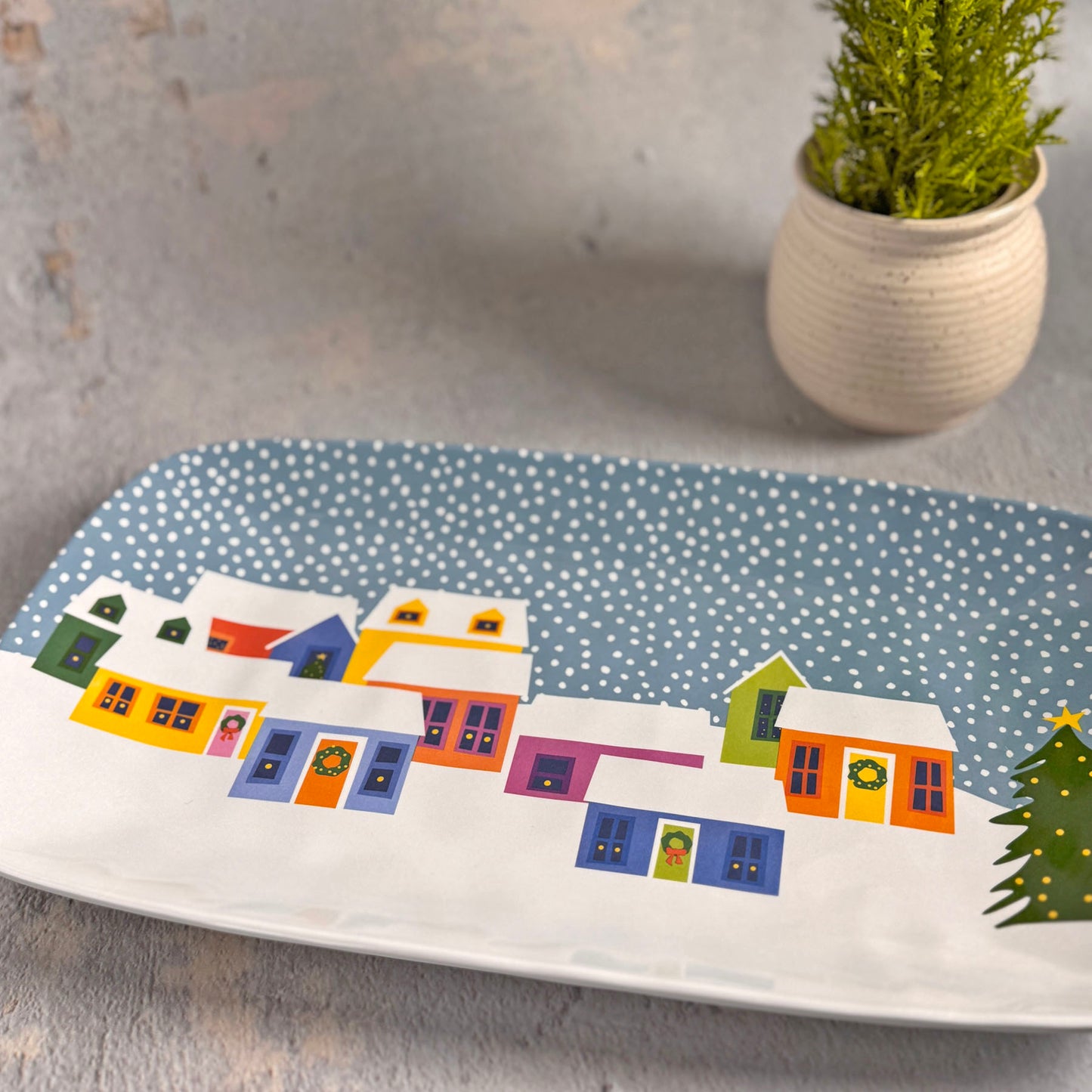 Holiday Village by Kate Nelligan 13-1/2" x 7-1/2" Melamine Appetizer Tray, Blue/Multi