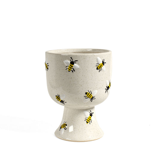 Buzzin' Bees 4.5" x 6" Hand-Painted Ceramic Pedestal Planter Cachepot, Speckled White