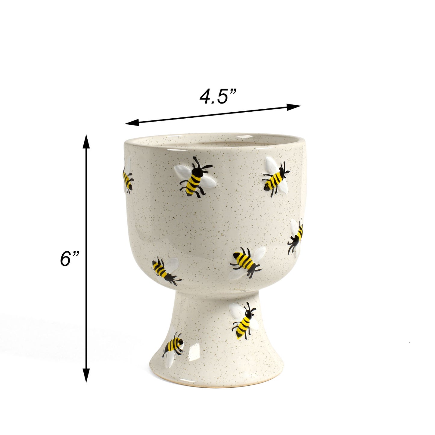 Buzzin' Bees 4.5" x 6" Hand-Painted Ceramic Pedestal Planter Cachepot, Speckled White