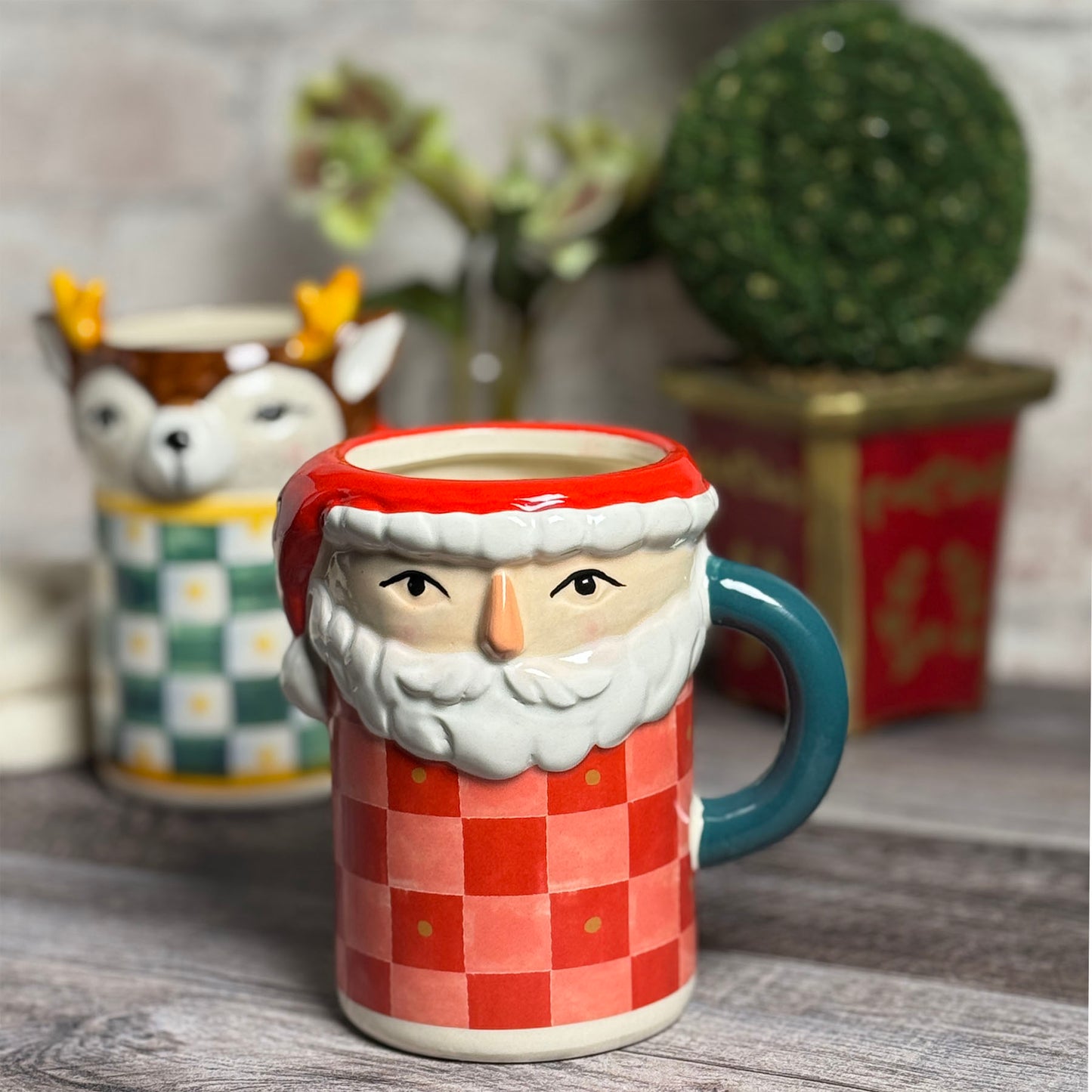 Checkerboard Santa Claus Hand-Painted Ceramic Mug