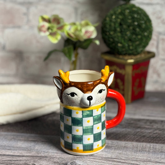 Checkerboard Reindeer Hand-Painted Ceramic Mug
