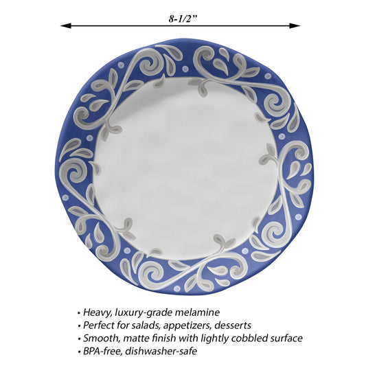 Merritt Designs Portofino 8-1/2" Melamine Salad Plate, White with Blue Border