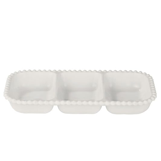 Beaded Pearl 3-Section Divided Melamine Chip & Dip Plate, Cream