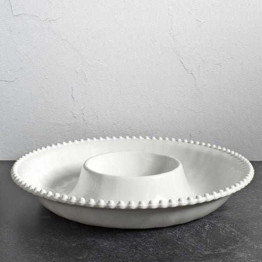 Beaded Pearl Melamine 13-1/2" Chip & Dip Plate, Cream