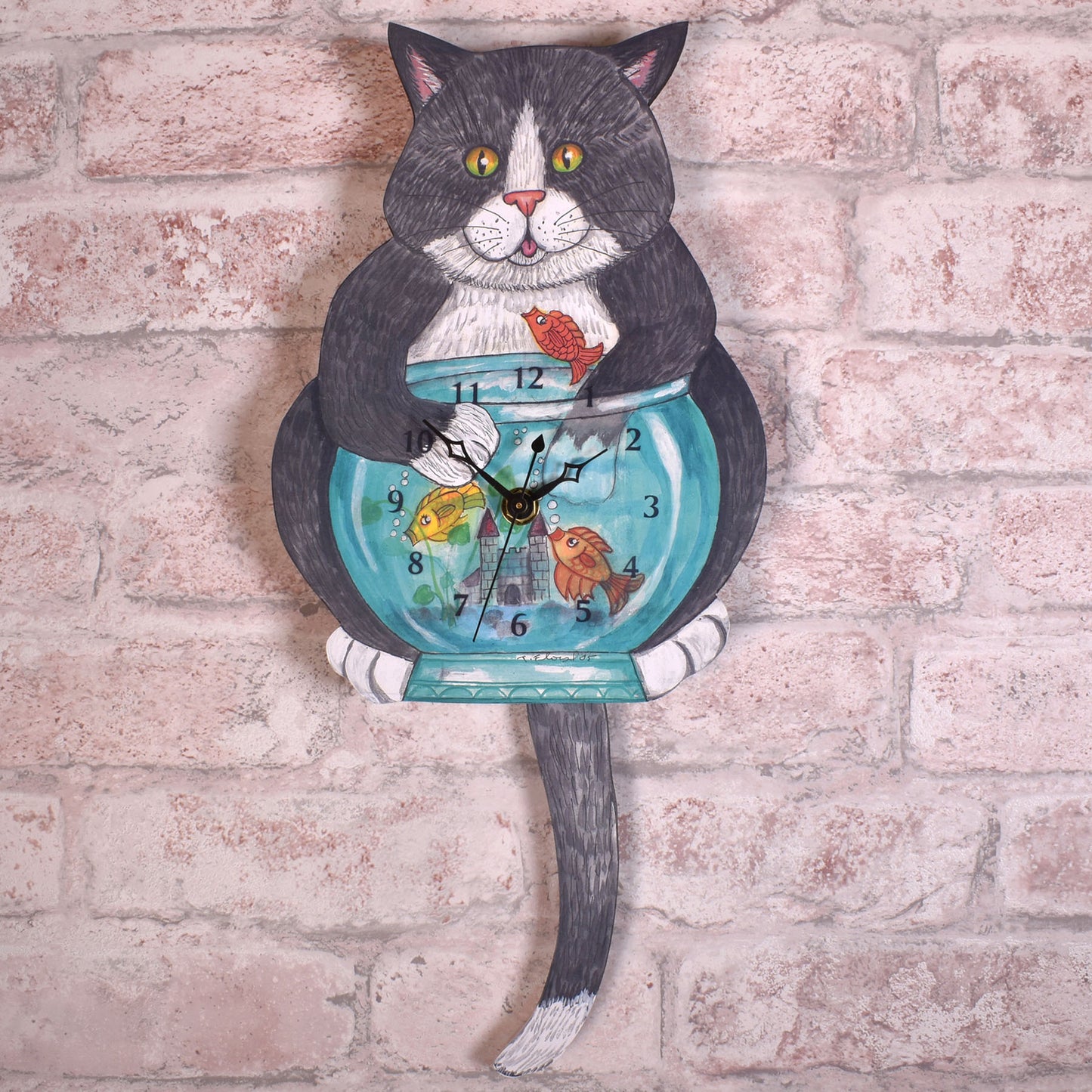 Handmade Cat with Fish Pendulum Wall Clock