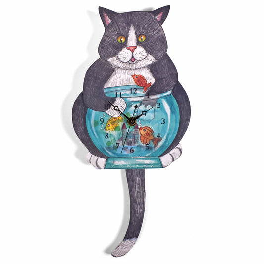 Handmade Cat with Fish Pendulum Wall Clock