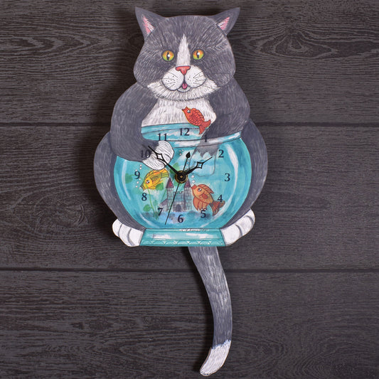 Handmade Cat with Fish Pendulum Wall Clock