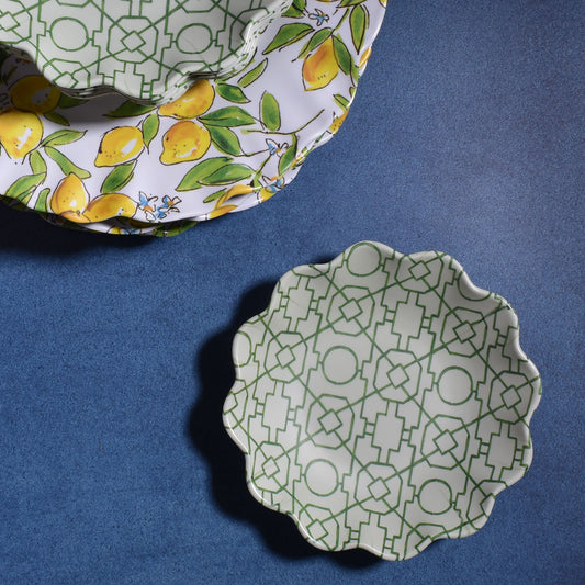 Merritt French Lemons 7-1/2" Melamine Salad Plates, Geometric Trellis Pattern with Scalloped Rim, Set of 6