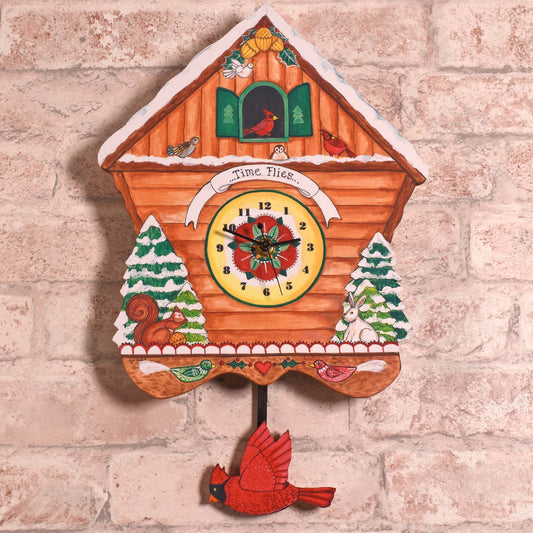 Red Cardinals Winter Bird House American Handmade Pendulum Wall Clock