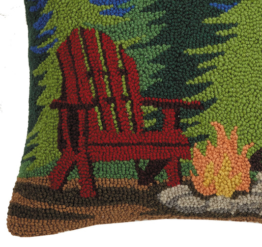 Campfire Scene 16" Square Hooked Wool Throw Pillow with Polyfill Insert, Blue/Green/Multi