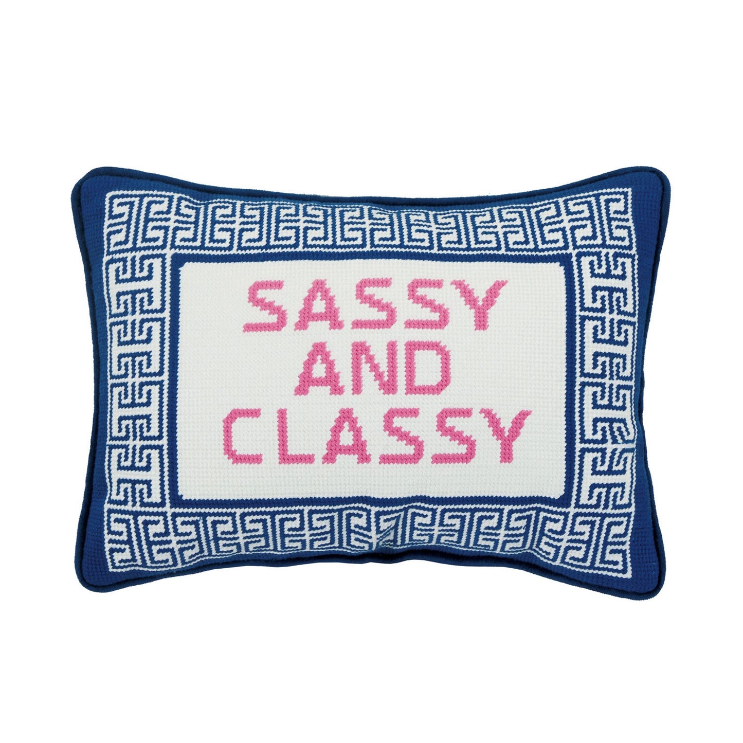 Sassy and Classy 14" x 10" Embroidered Needlepoint Throw Pillow, Blue/White/Pink