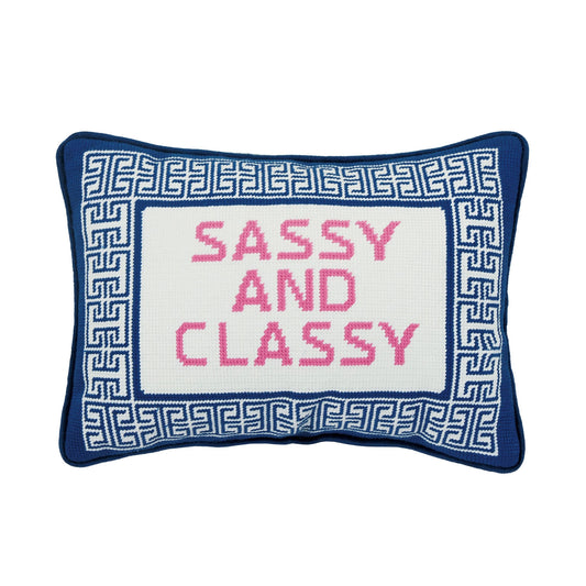Sassy and Classy 14" x 10" Embroidered Needlepoint Throw Pillow, Blue/White/Pink