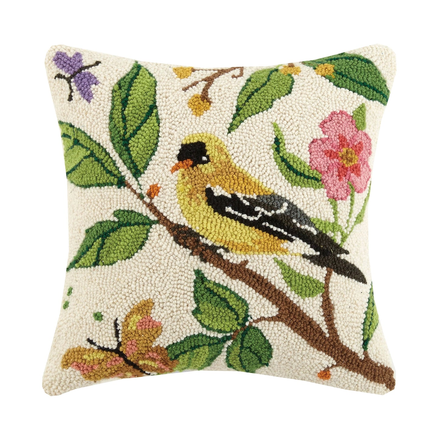 Goldfinch Bird 16" Square Hooked Wool Throw Pillow, Artwork by Sally Eckman Roberts