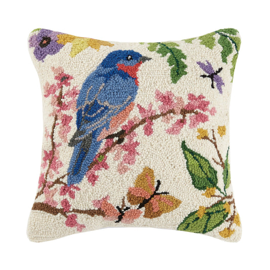 Bluebird 16" Square Hooked Wool Throw Pillow, Artwork by Sally Eckman Roberts