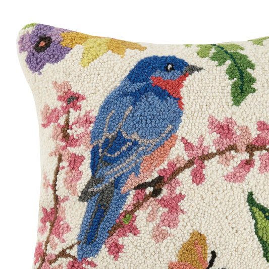 Bluebird 16" Square Hooked Wool Throw Pillow, Artwork by Sally Eckman Roberts