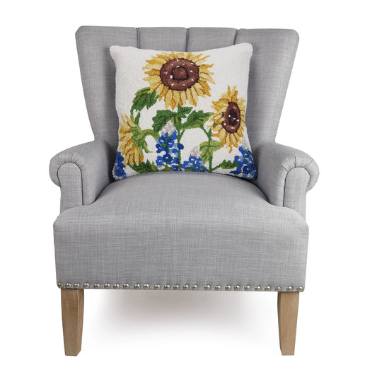 Peking Handicraft Sunflowers 18" Square Hooked Wool Throw Pillow with Polyfill Insert
