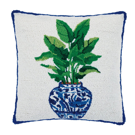 Bird of Paradise Plant in Chinoiserie Vase 18" Square Hooked Wool Throw Pillow with Polyfill Insert, Artwork by Sally Eckman Roberts