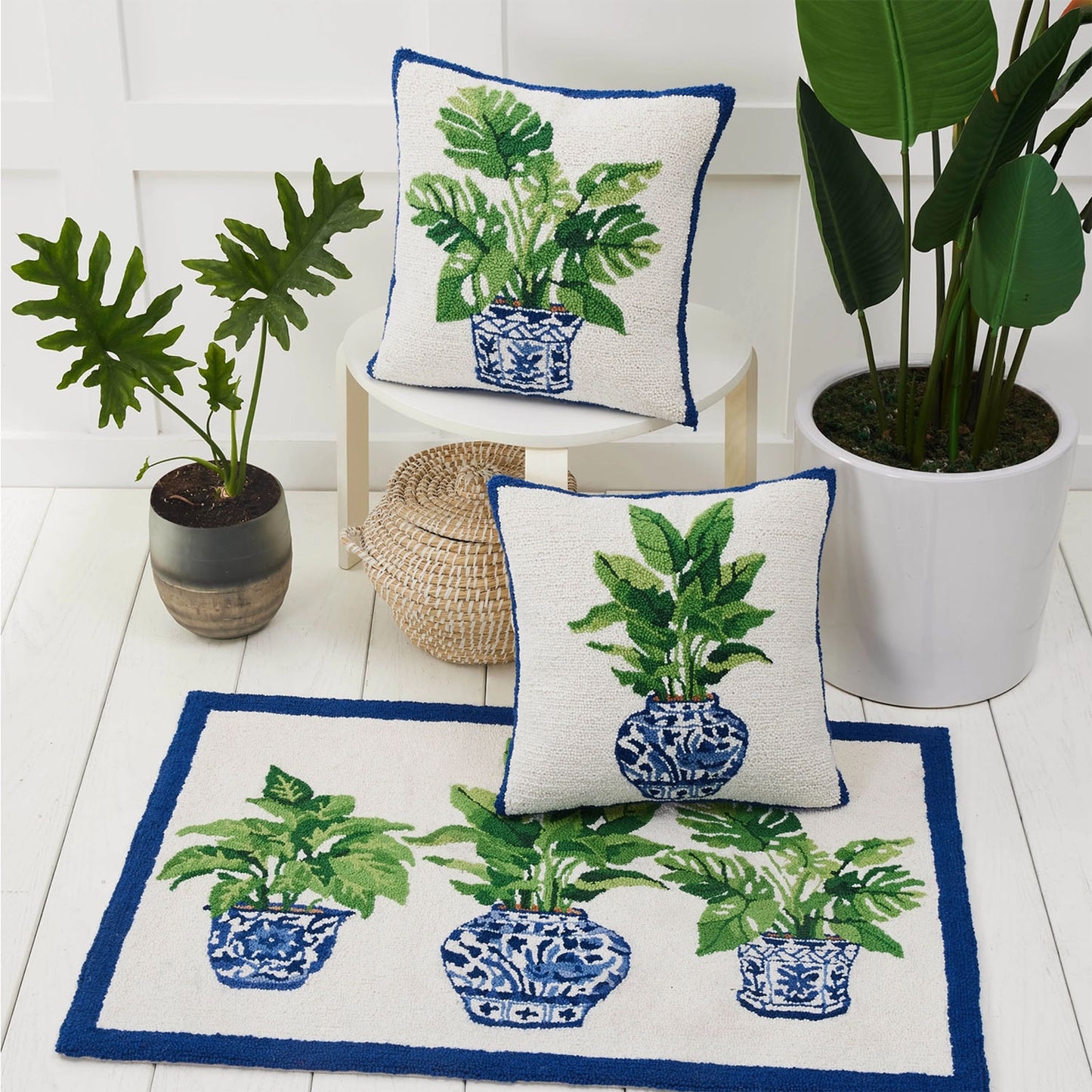 Bird of Paradise Plant in Chinoiserie Vase 18" Square Hooked Wool Throw Pillow with Polyfill Insert, Artwork by Sally Eckman Roberts