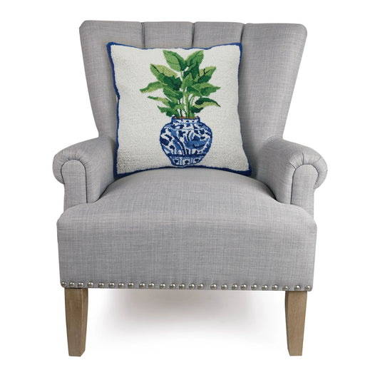 Bird of Paradise Plant in Chinoiserie Vase 18" Square Hooked Wool Throw Pillow with Polyfill Insert, Artwork by Sally Eckman Roberts