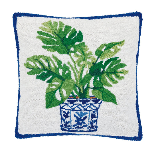 Monstera Plant in Chinoiserie Vase 18" Square Hooked Wool Throw Pillow with Polyfill Insert, Artwork by Sally Eckman Roberts