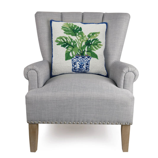 Monstera Plant in Chinoiserie Vase 18" Square Hooked Wool Throw Pillow with Polyfill Insert, Artwork by Sally Eckman Roberts