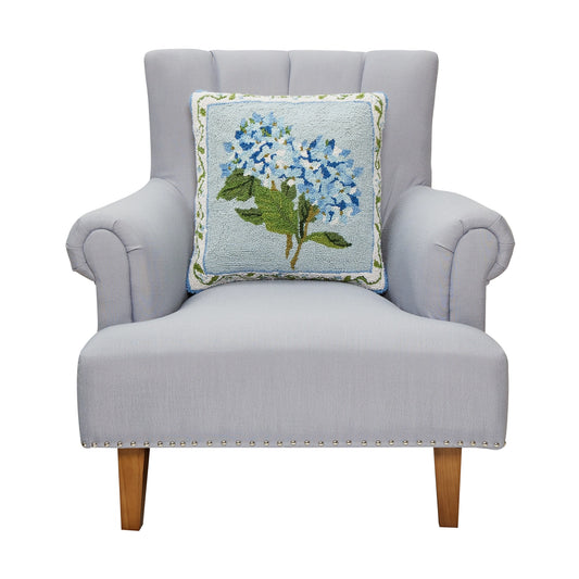 Blue Hydrangea 18" Square Hooked Wool Throw Pillow, Artwork by Sally Eckman Roberts