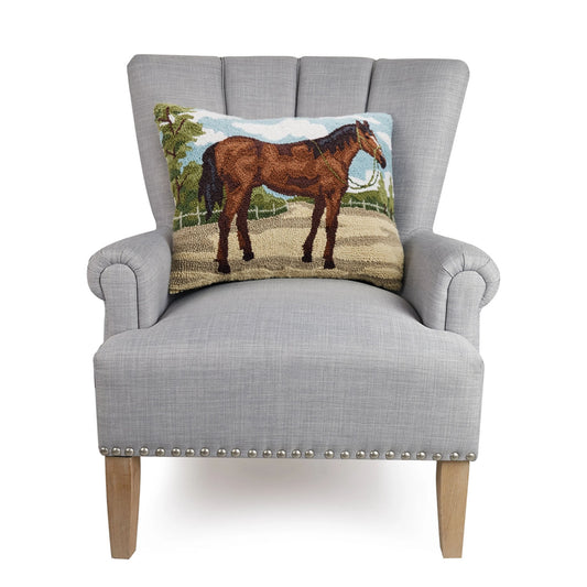 Brown Horse 22" x 16" Rectangular Hooked Wool Throw Pillow with Polyfill Insert