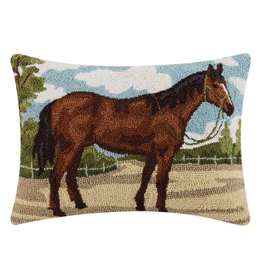 Brown Horse 22" x 16" Rectangular Hooked Wool Throw Pillow with Polyfill Insert
