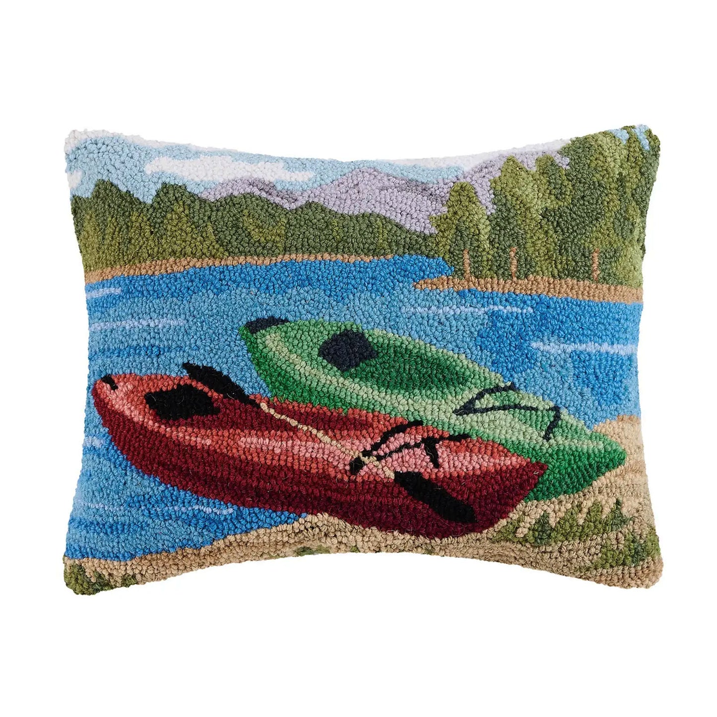 Kayaks on the Lake 18" x 14" Rectangular Hooked Wool Throw Pillow with Polyfill Insert