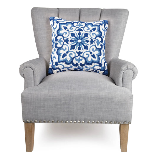 Blue Medallion 18" Square Hooked Wool Throw Pillow, Blue/White