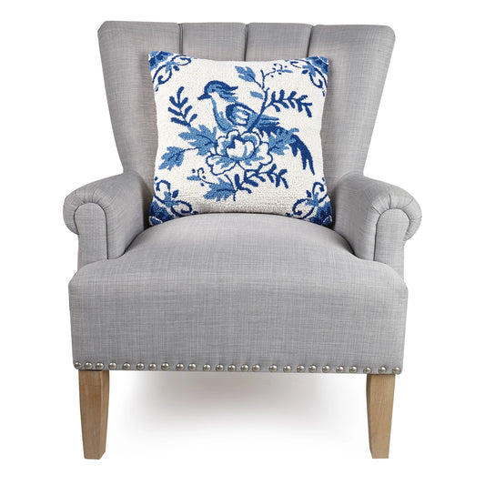 Bluebird 18" Square Hooked Wool Throw Pillow with Polyfill Insert