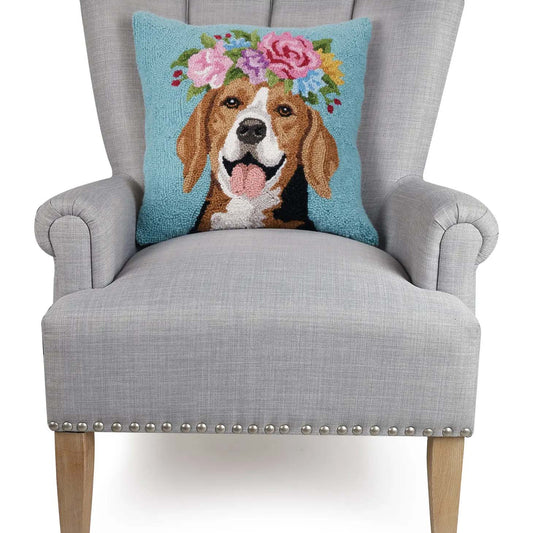 Floral Beagle 18" Square Hooked Wool Throw Pillow