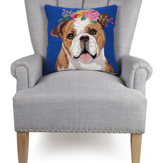 Floral Bulldog 18" Square Hooked Wool Throw Pillow